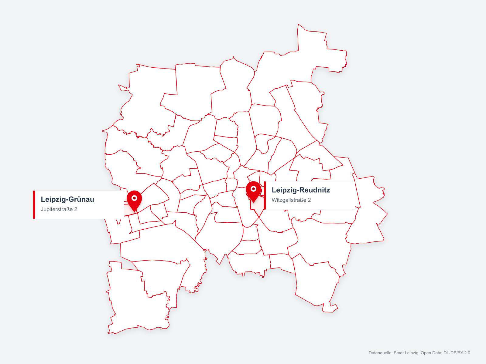 Karte von Leipzig mit den Standorten Leipzig-Grünau und Leipzig-Reudnitz