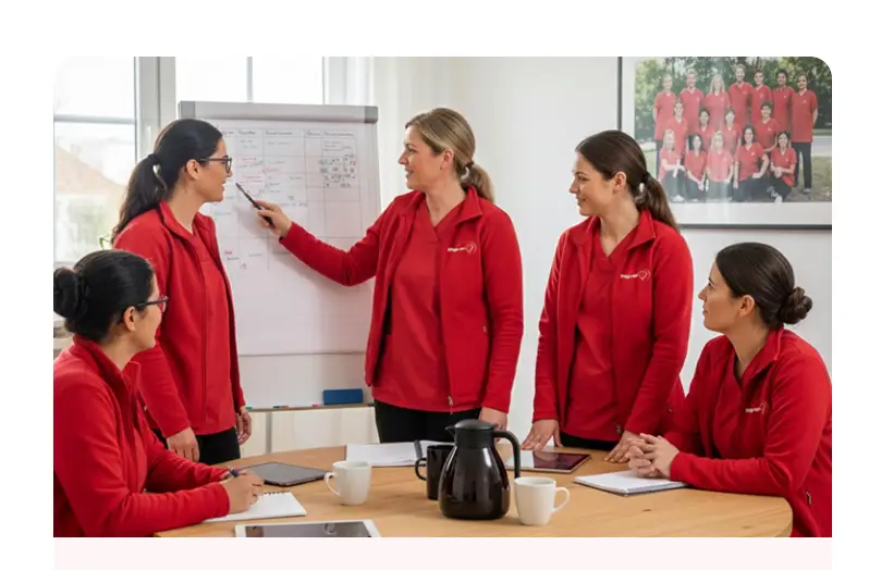 Mitarbeiterinnen von Pflege mit Herz Leipzig bei einer gemeinsamen Teambesprechung