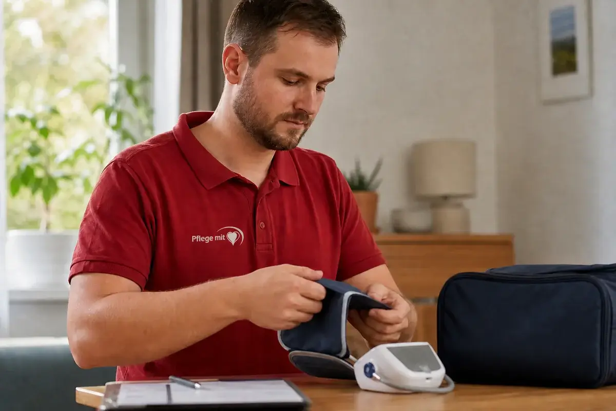 Hilfskraft mit LG 1 von Pflege mit Herz Leipzig bei der Vorbereitung einer Blutdruckmessung